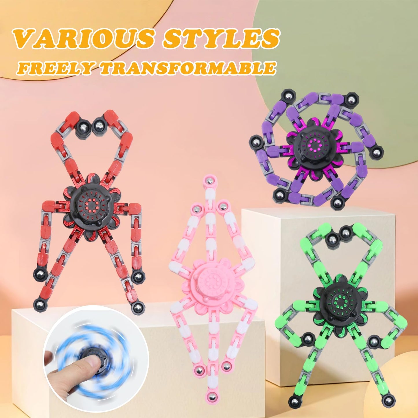 48Pcs Transformable Fidget Spinners Toys- Deformable Fingertip Gyro Stress Relief Sensory Toys, Easter Party Favors & Birthday Gifts for Kids Adults Boys Girls