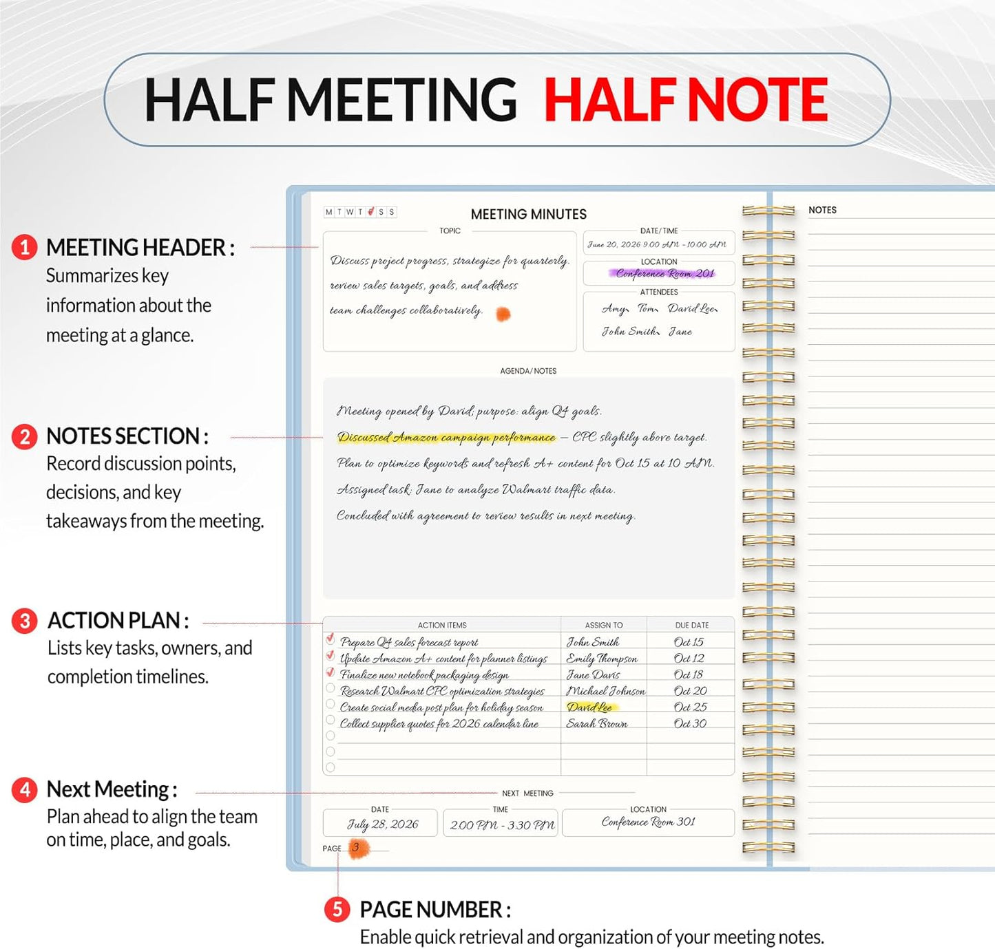 SUNEE Half Meeting Half Note 7"x10" Notebook for Work – 140 Pages, B5 Size Project Planner for Women&Men, Minutes Organizer for Meeting Notes, Ideas for Office/Business, PVC Waterproof Cover, Blue