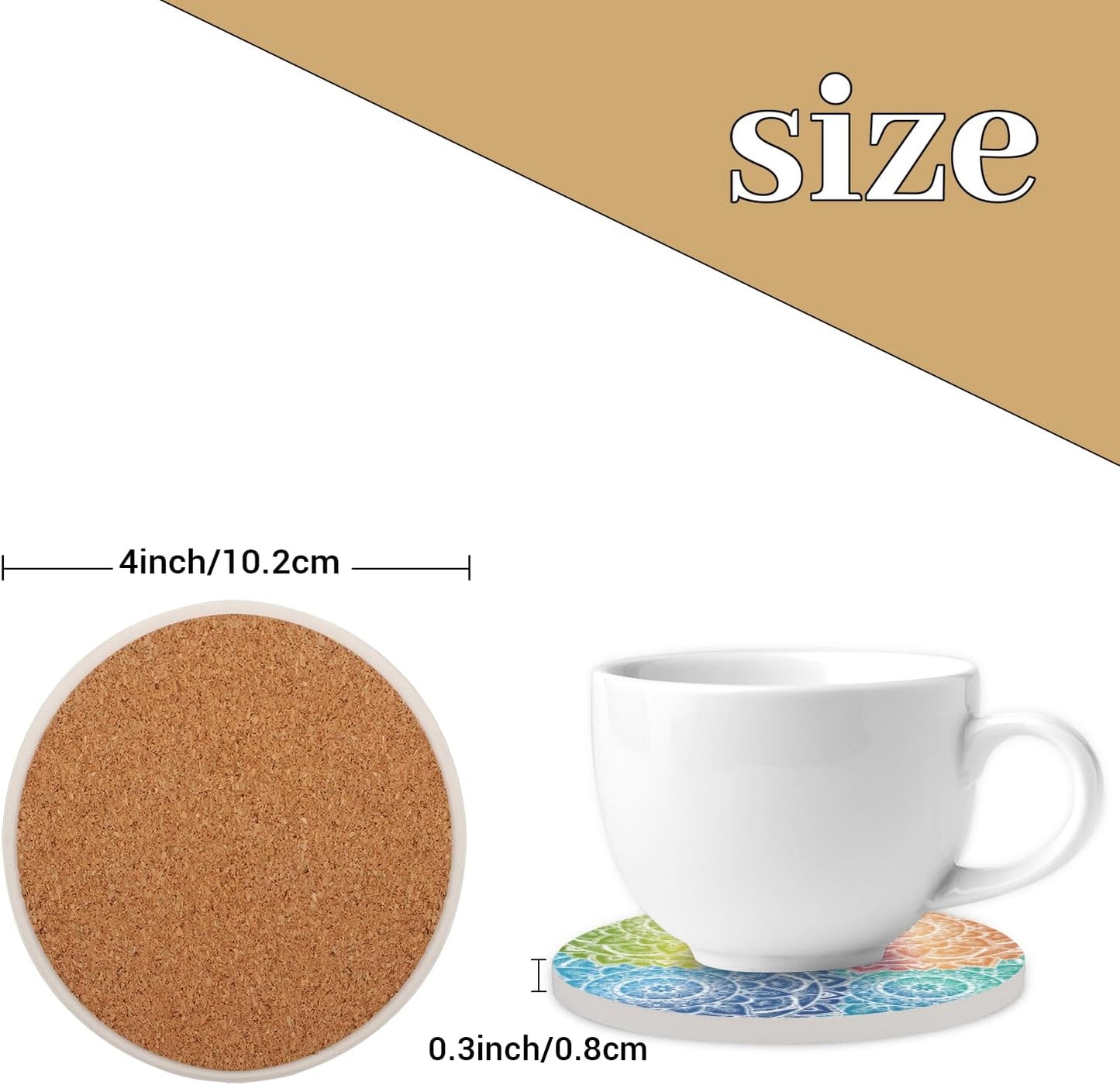 Ceramic Coasters for Drinks with Cork Back, Colorful Mandala Harmony 4 Inch Absorbent Coaster Set 1 Pack, Quick Dry Non-Slip Coaster Mats for Home, Office, Bar