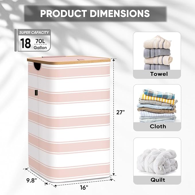 BALEINE Laundry Hamper with Lid, Tall Laundry Baskets with Bamboo Pull Handles, Large Laundry Bin with Internal Support (18 Gal/70L, Pink Stripe)
