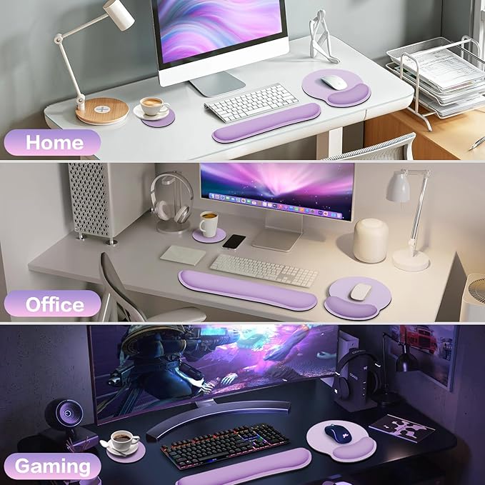 Mouse Pad with Wrist Rest Set, 3-in-1 Wrist Support Mousepad Set, Gaming Mat Pad with Anti-Skid Base,Ergonomic Mouse Pad Purple,Memory Foam Gel Wrist Rest for Computer Keyboard