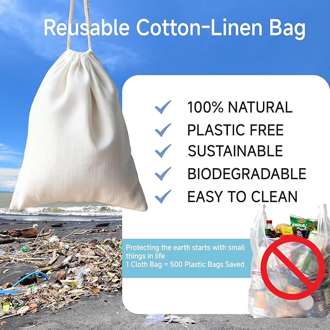 Simple&Opulence 3-Pack 19” x 23” Linen Cotton Drawstring Bags Reusable Grocery Sacks, DIY Craft Sachet Sacks Storage Cloth Bags for Party Wedding Home Bulk Produce Bags, Washable, White
