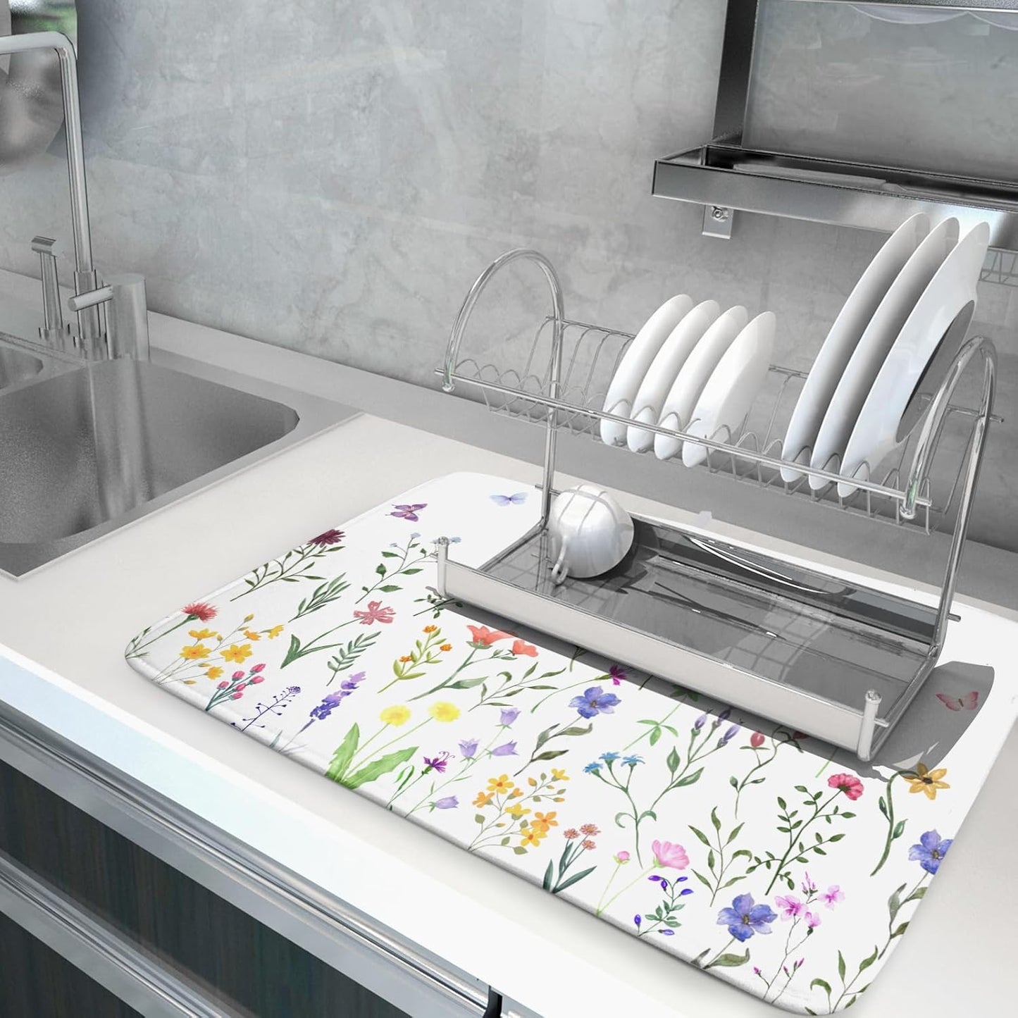 Watercolor Floral Dish Drying Mat for Kitchen Counter 18x24 Inch Spring Summer Wild Flower Butterfly Absorbent Reversible Microfiber Dish Drainer Rack Mats Countertops Protector Mat