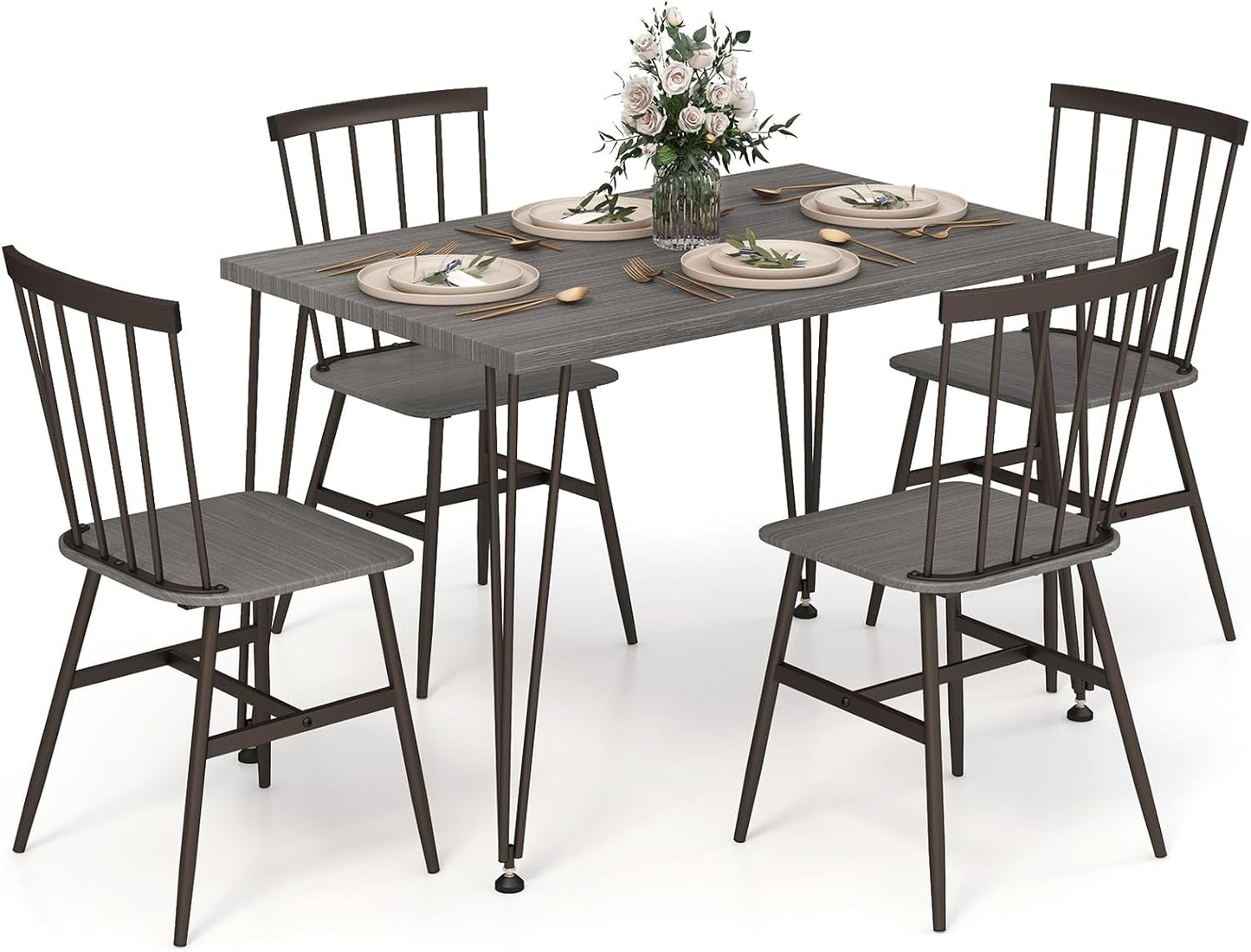 Tangkula Dining Table Set for 4, Kitchen Table and Chairs Set of 4 w/Metal Frame, 360° Swivel Feet, Space-Saving Dinette Table Set for Living Room, Restaurant, Breakfast Nook (Grey Oak)