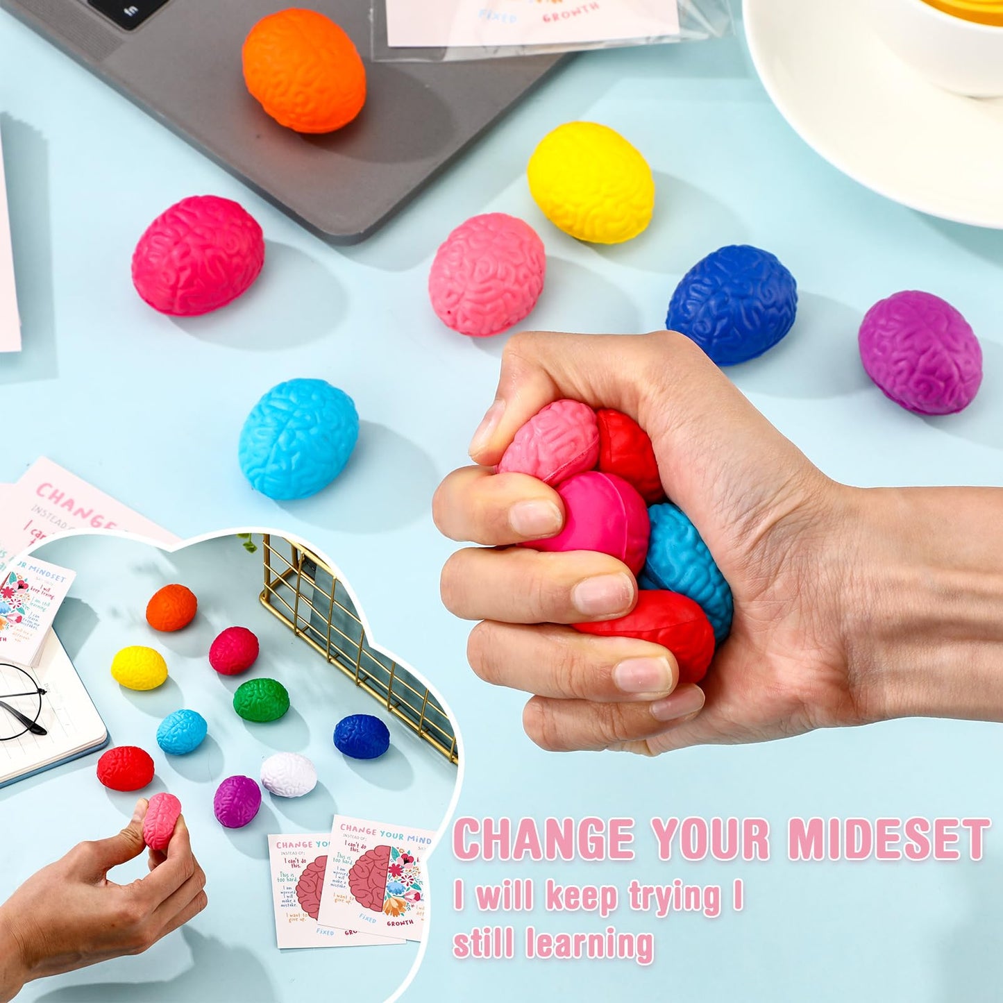 Hollowfly 50 Set Growth Mindset Gift Mini Brain Stress Balls Bulk Funny Relief Squeeze Balls Inspirational Stress Reliever Employee Appreciation Gifts for Adult Coworkers Staff Volunteer