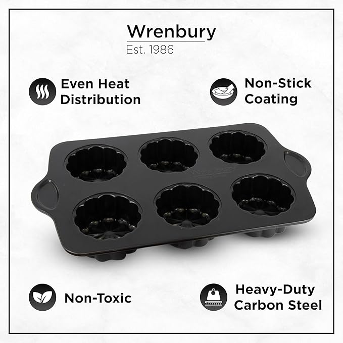 Wrenbury Mini Charlotte Cake Pan - Non-Stick & Food Safe, 6-Cup Fluted Mold, Includes Recipe Book, Easy Release & Clean, Perfect for Buntz Cakes