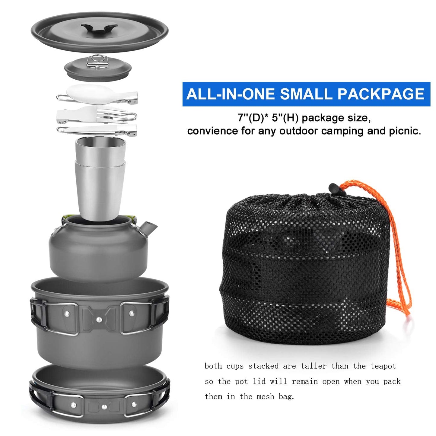 Odoland Camping Cookware Mess Kit, Lightweight Pot Pan Kettle with 2 Cups, Fork Spoon Kit Stainless Steel, gray for Backpacking, Outdoor Camping Hiking and Picnic