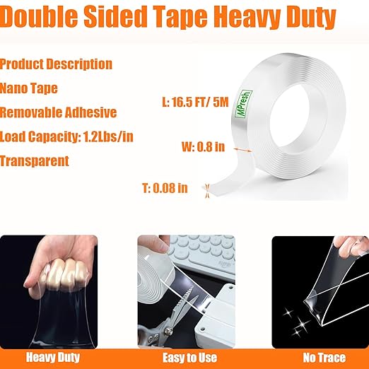 16.5FT Double Sided Tape Heavy Duty, Extra Large Strong Nano Double Stick Mounting Tape, Removable Clear Adhesive Tape for Home, Office, Car, Outdoor Use, Picture Hanging, Poster, Rug Fixing Strips