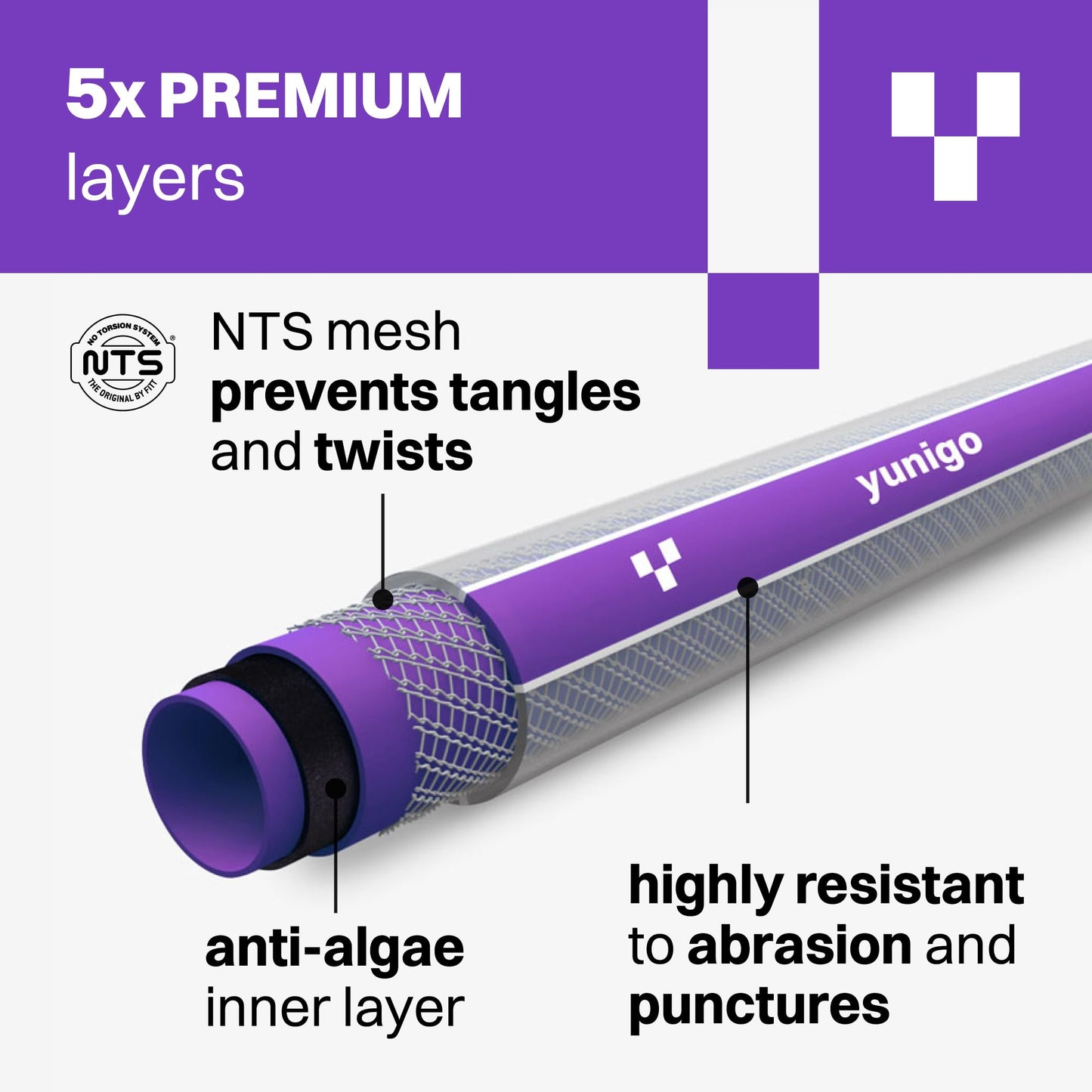 YUNIGO ESSENCE 5/8" 75ft Hybrid Purple Garden Hose – No-Kink Abrasion-Resistant with Durable Aluminum Fittings & Spray Nozzle, Ideal for Intensive Home & Garden Watering