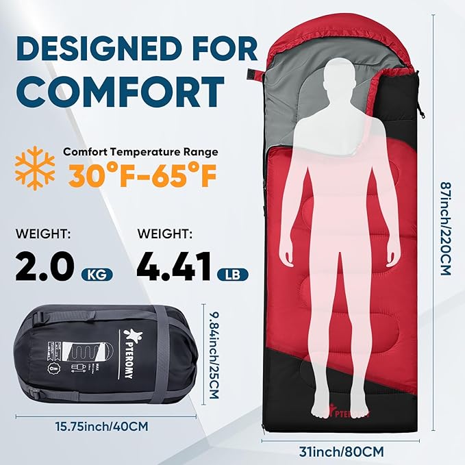 PTEROMY Sleeping Bags for Adults, Lightweight and Machine Washable, Water Resistant Backpacking Camping Sleeping Bag for Warm Cold Weather, Camping Essentials for Hiking Travel