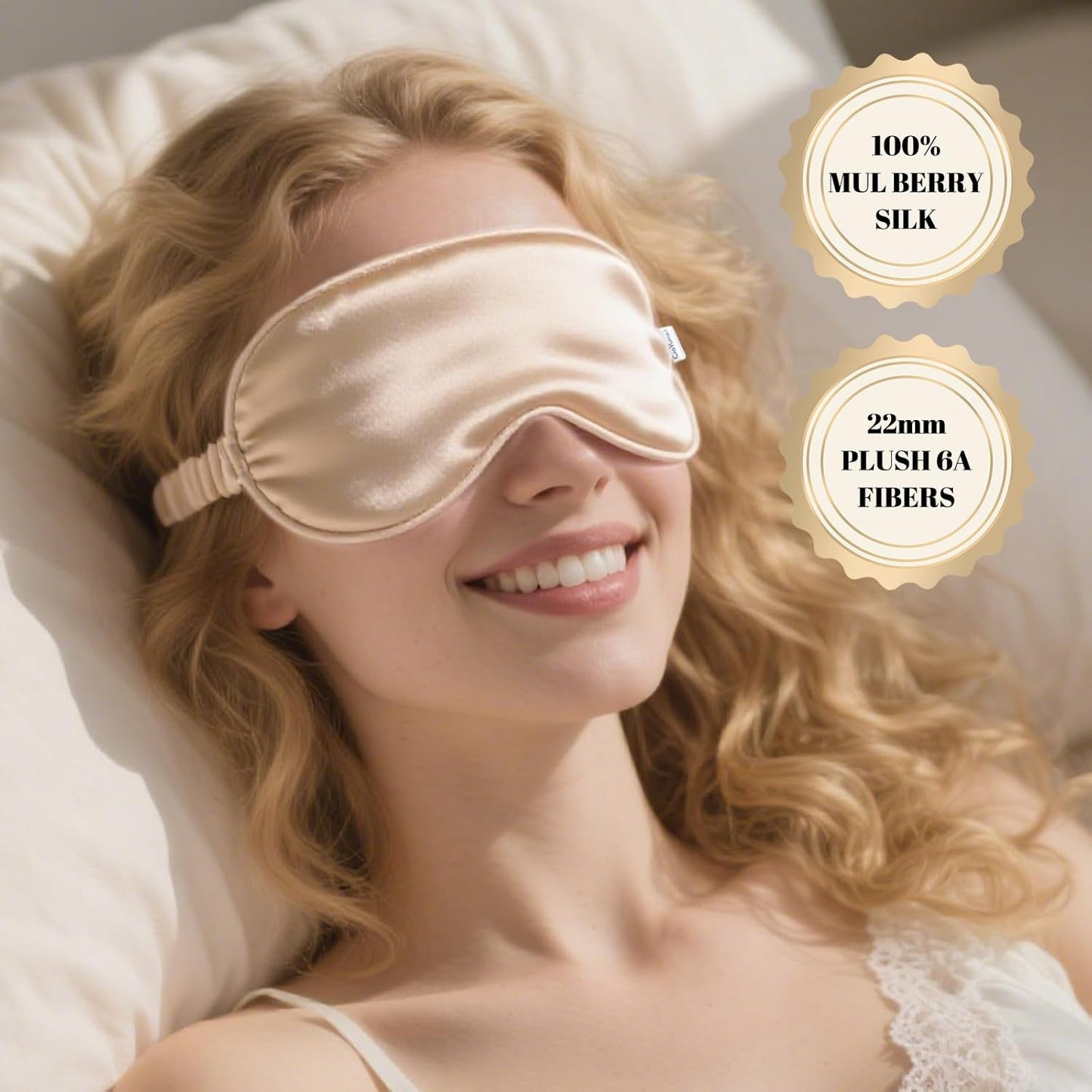 Pure 22 Momme 6A Grade Mulberry Silk Sleep Mask for Side Sleepers - 100% Blackout Eye Mask with Travel Pouch (Champagne)