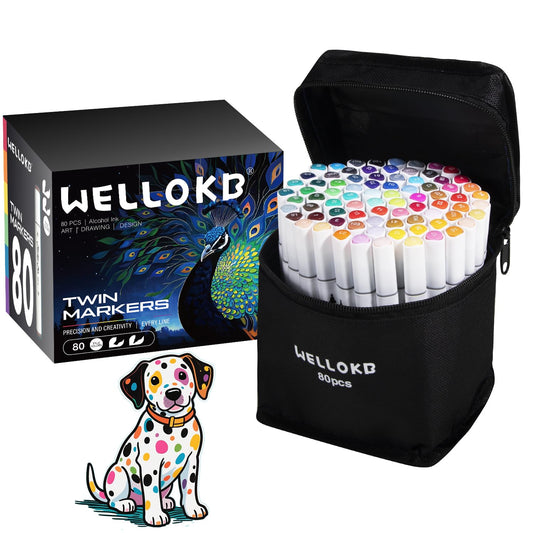 WELLOKB Alcohol Markers, 80 Colors Dual Art Colored Markers for Coloring Book, Painting, Drawing, Alcohol Based with Carrying Case (80, Broad&Fine)