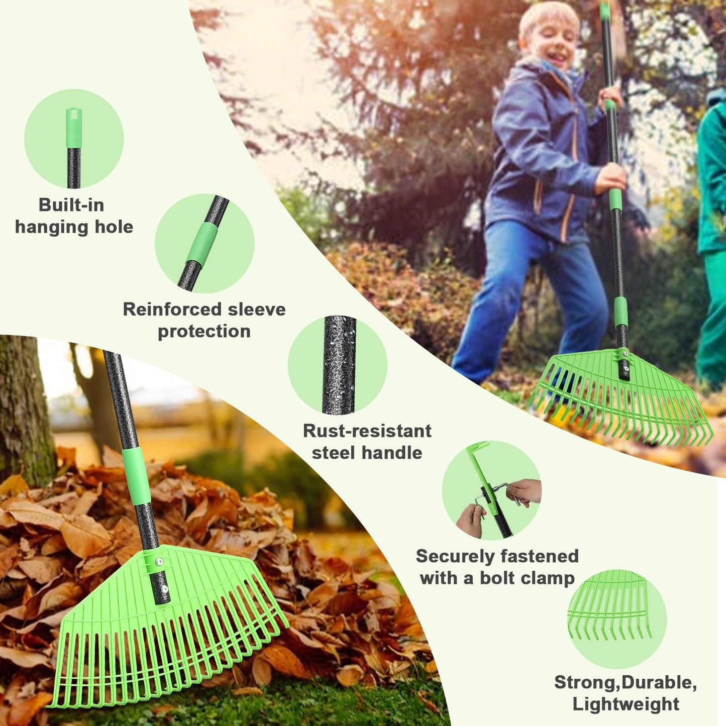 Plastic Leaf Rake with Adjustable 65'' Handle - Lightweight Outdoor Yard Rakes for Leaves,Grass & Pine Needle,Mulch,Gentle On Lawn Garden - Easy to Use for Women,Seniors & Kids