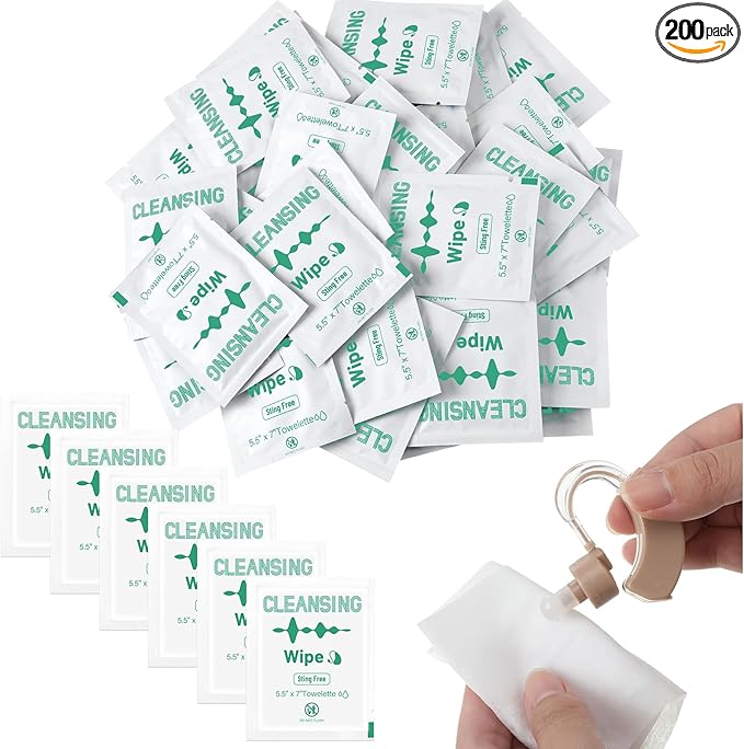 Timgle 200 Count Hearing Aid Wipes Individually Wrapped Cleaning Towelettes Phone Laptop Cleaner Wipes for Earwax Earbuds Sweat Earmold Earplugs in Ear Monitors Clean Removal (Green)