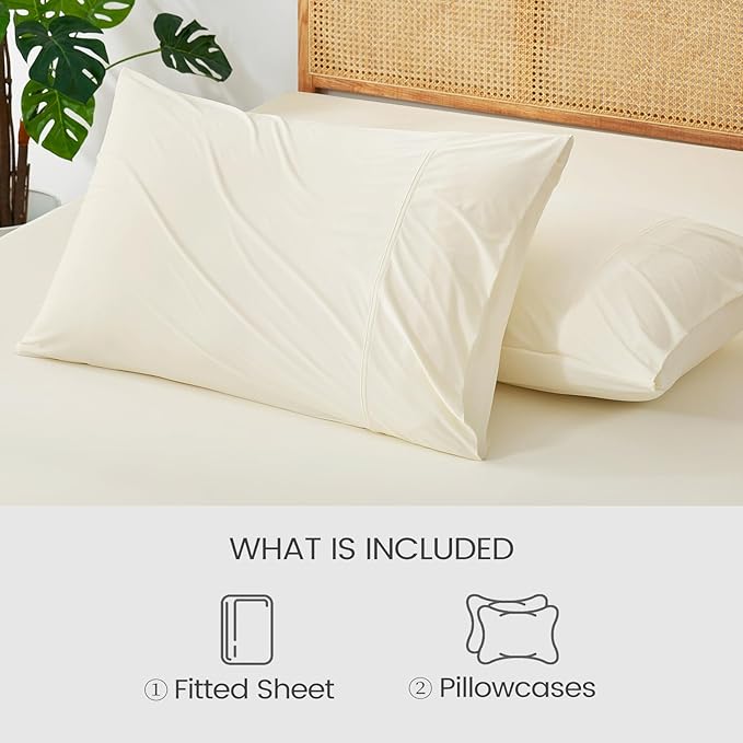 Cozy Bliss Premium Cooling Sheet Set King Size, Q-Max>0.4, 3PCS No Flat Sheet with 2 Pillowcases, Breathable Fitted Sheet for Hot Sleepers & Night Sweats, Deep Pocket Up to 18 Inches, Cream White