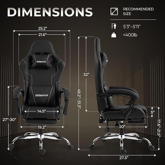 Gaming Chair with Footrest & Massage Lumbar, Ergonomic Computer Chair 330lbs with Headrest Pillow for Office, Home, Streaming and Long Gaming Sessions,Dark Black