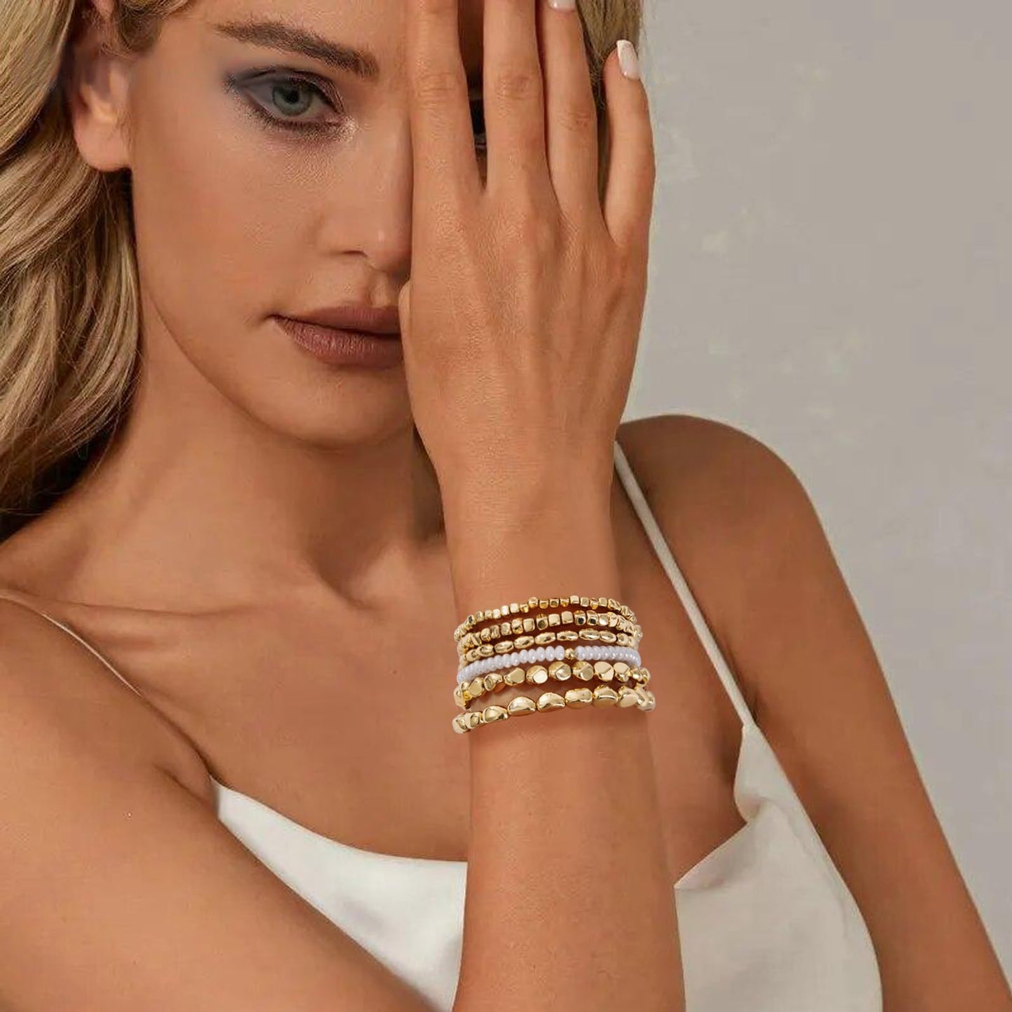 Sajidos Gold Plated Beaded Bracelets for Women Trendy, 14K Gold Plated Stack Cross Pearl Bead Stretch Bracelets Set Elastic Hypoallergenic Bracelets Jewelry Gifts (style9)