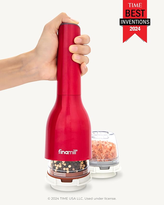 FinaMill Classic Battery Spice Mill – Battery Operated Salt and Pepper Grinder Set, Includes 2 Interchangeable Spice Pods, Adjustable Coarseness, Ceramic Grinder, LED Light, Kitchen Gifts for Women
