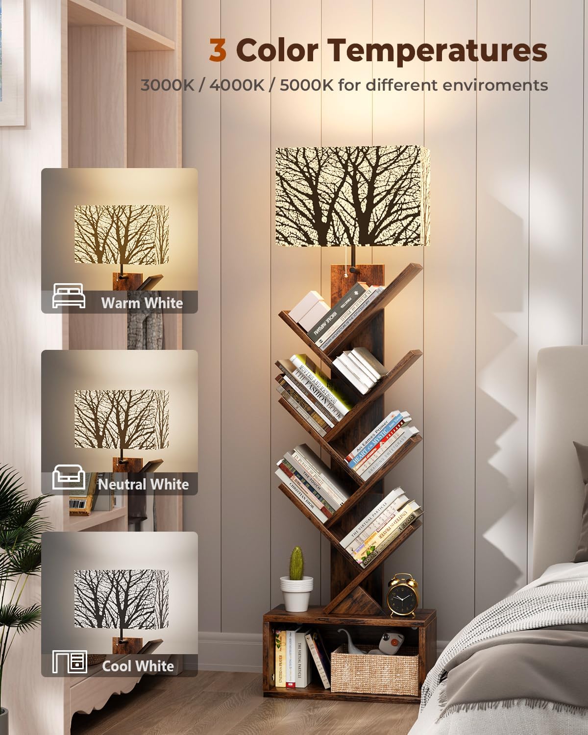 Tree Bookshelf with Light, 6 Tier Small Bookcase, Narrow Floor Standing Book Tower Organizer with Storage Cabinet for Living Room, Bedroom and Home Office, Rustic Brown