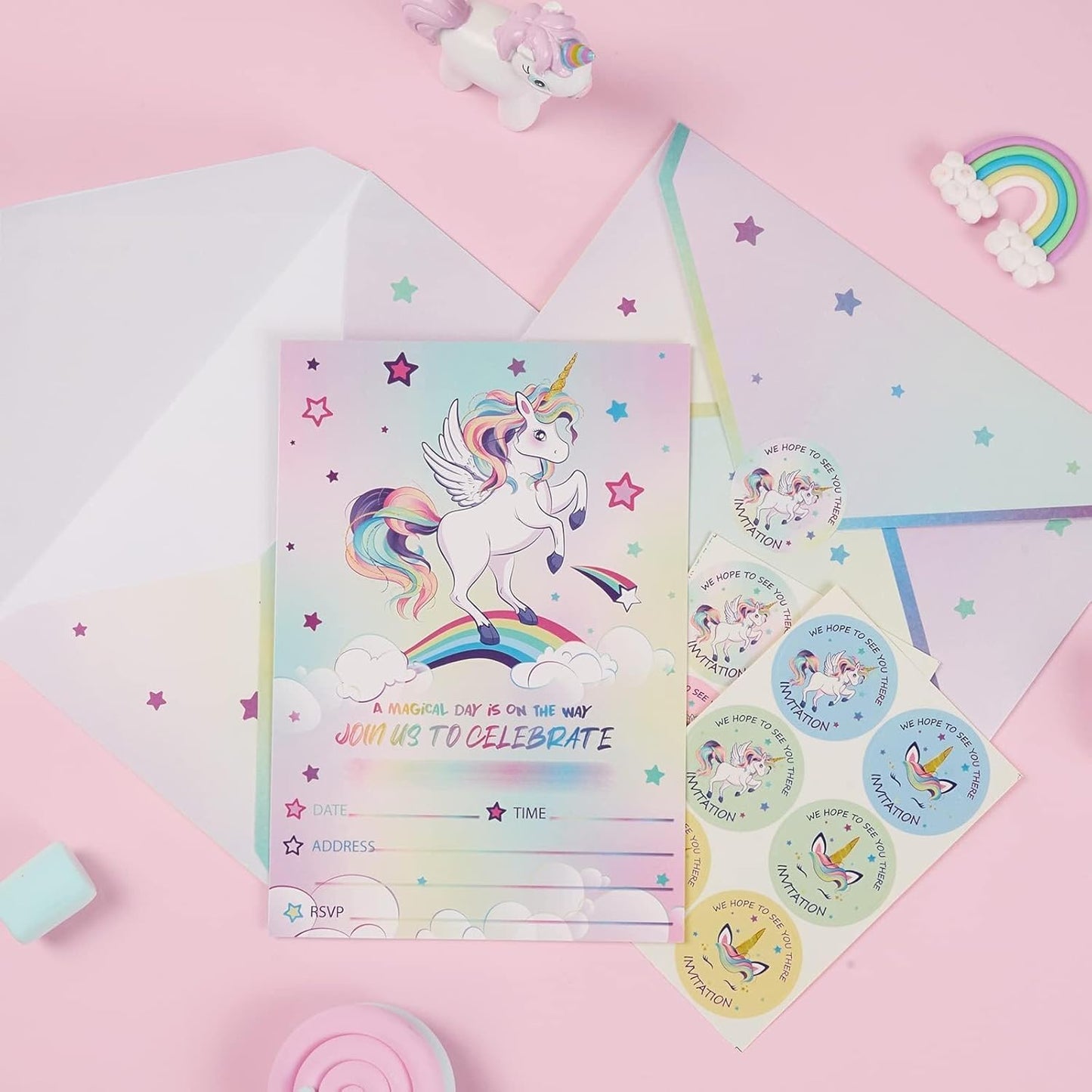 WERNNSAI 24PCS Unicorn Birthday Invitation - Rainbow Unicorn Party Supplies Fill-in lInvitations with Envelopes for Girls Birthday Baby Shower Double-sided Printed Invite Cards