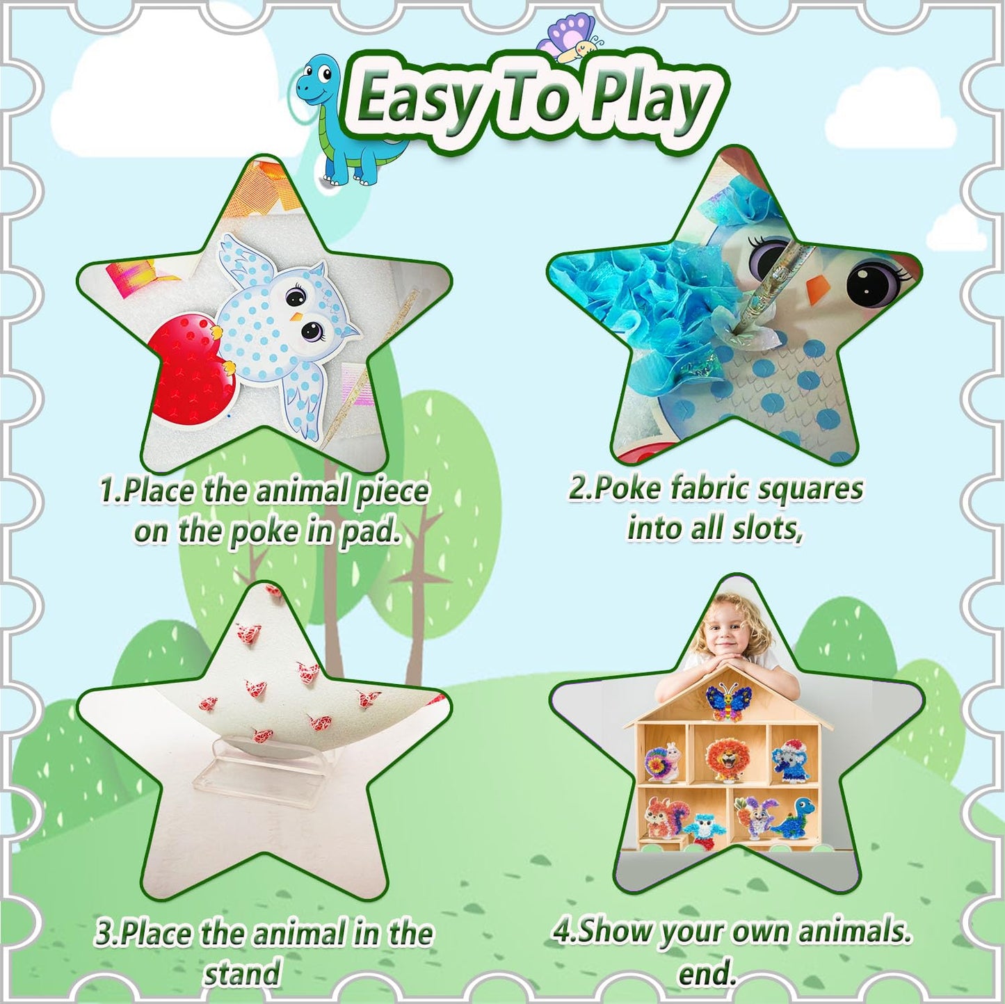 mom&myaboys Poke A Dot Art Kit - Animals Theme with Snail, Lion, Owl, Squirrel, Butterfly | No-Mess Sewing Craft for Kids Ages 4-8 | Creative Toys for Girls & Boys | Fun Gift for Birthday, Christmas
