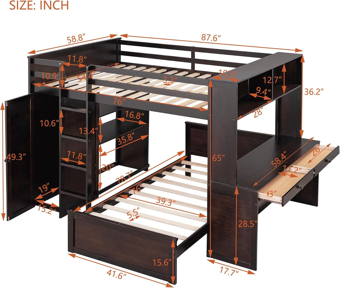 Full Size Loft Bed with Wardrobe Desk and Shelves,Solid Wood Bunk Stand-Alone Platform Bedframe,w/Safety Guardrail,for Kids Teens Adults Bedroom,Espresso