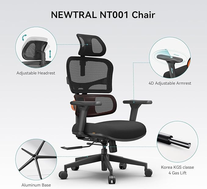 Newtral Office Chair Ergonomic - Home Office Desk Chair, Back Pain Chair with Auto-Following Lumbar Support, 4D Armrest, Seat Depth and Height Adjustable (No Foot Rest + Laptop Tray, Black)