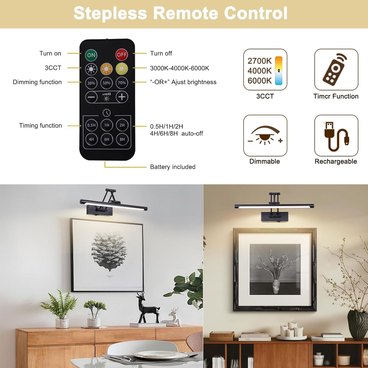 Battery Operated Picture Light with Remote 16” Black Art Light for Painting Dimmable & Timer Wireless Gallery Lights 3CCT Frame lighting Rechargeable Wall Lights for Artwork Potrait Dartboard