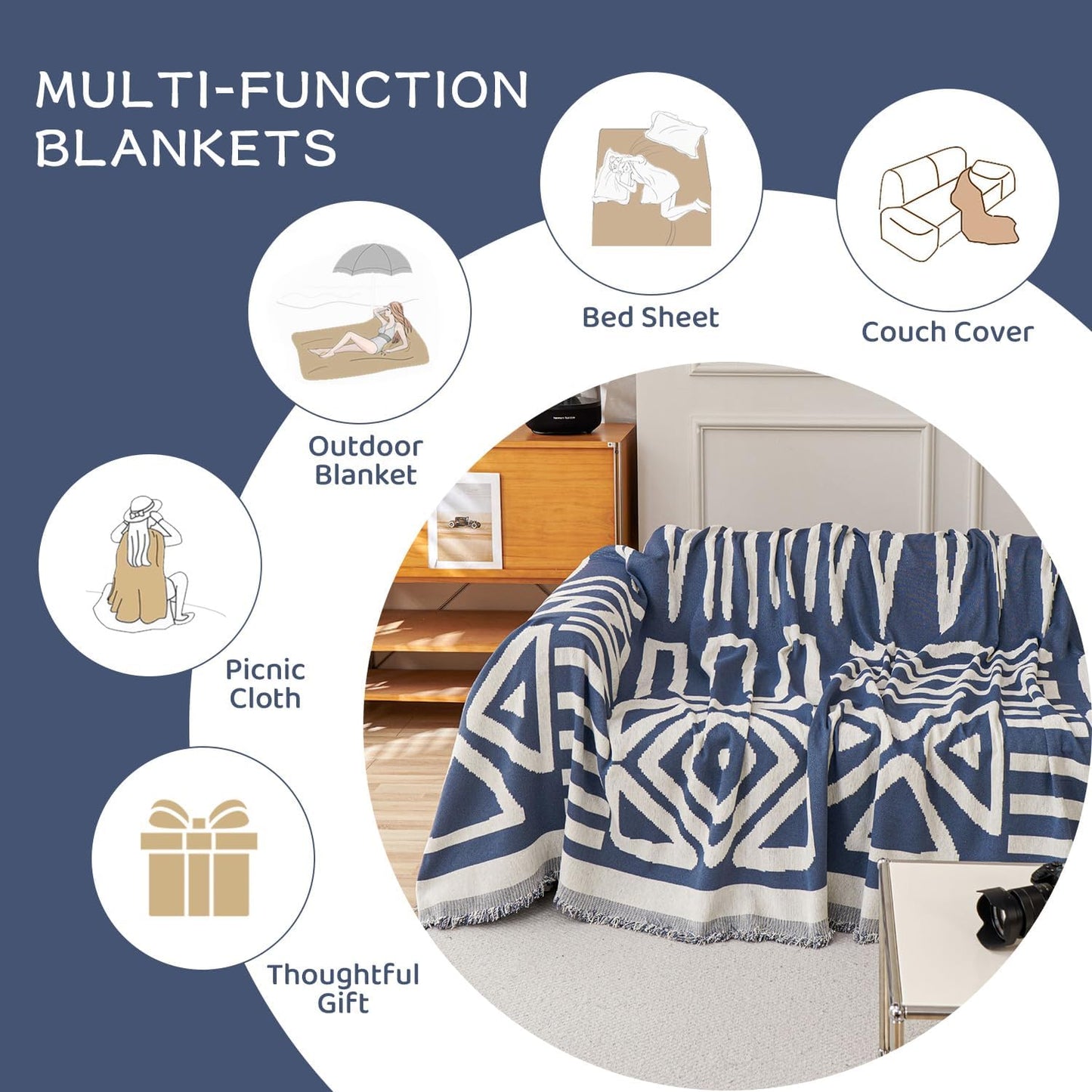STACYPIK Boho Chenille Couch Cover, Blue Jacquard Sofa Cover for 3 Cushion Couch, Reversible Furniture Protector, Anti Slip Geometric Couch Covers for Sectional, Loveseat Cover Pet-Friendly-71X134IN
