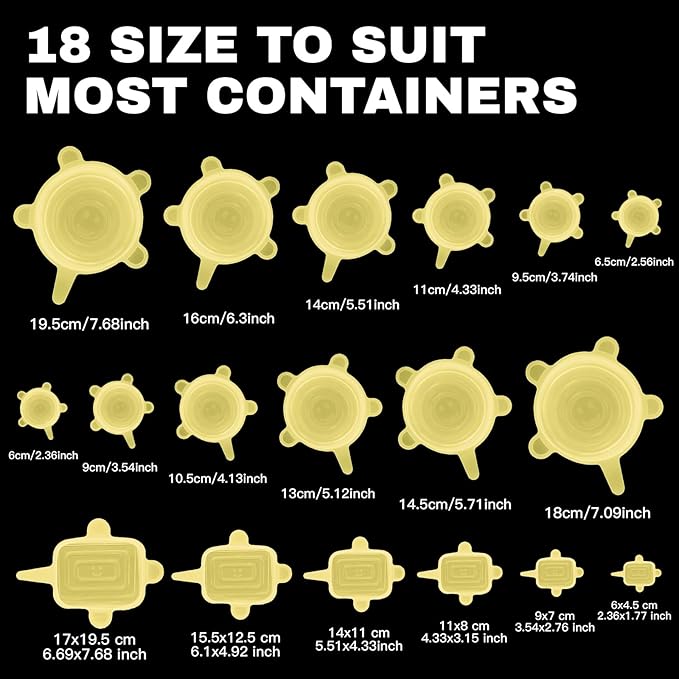 Reusable Silicone Stretch Lids – 18PCS Round & Square Stretchy Food Covers, Airtight & Leakproof, Microwave & Dishwasher Safe Yellow