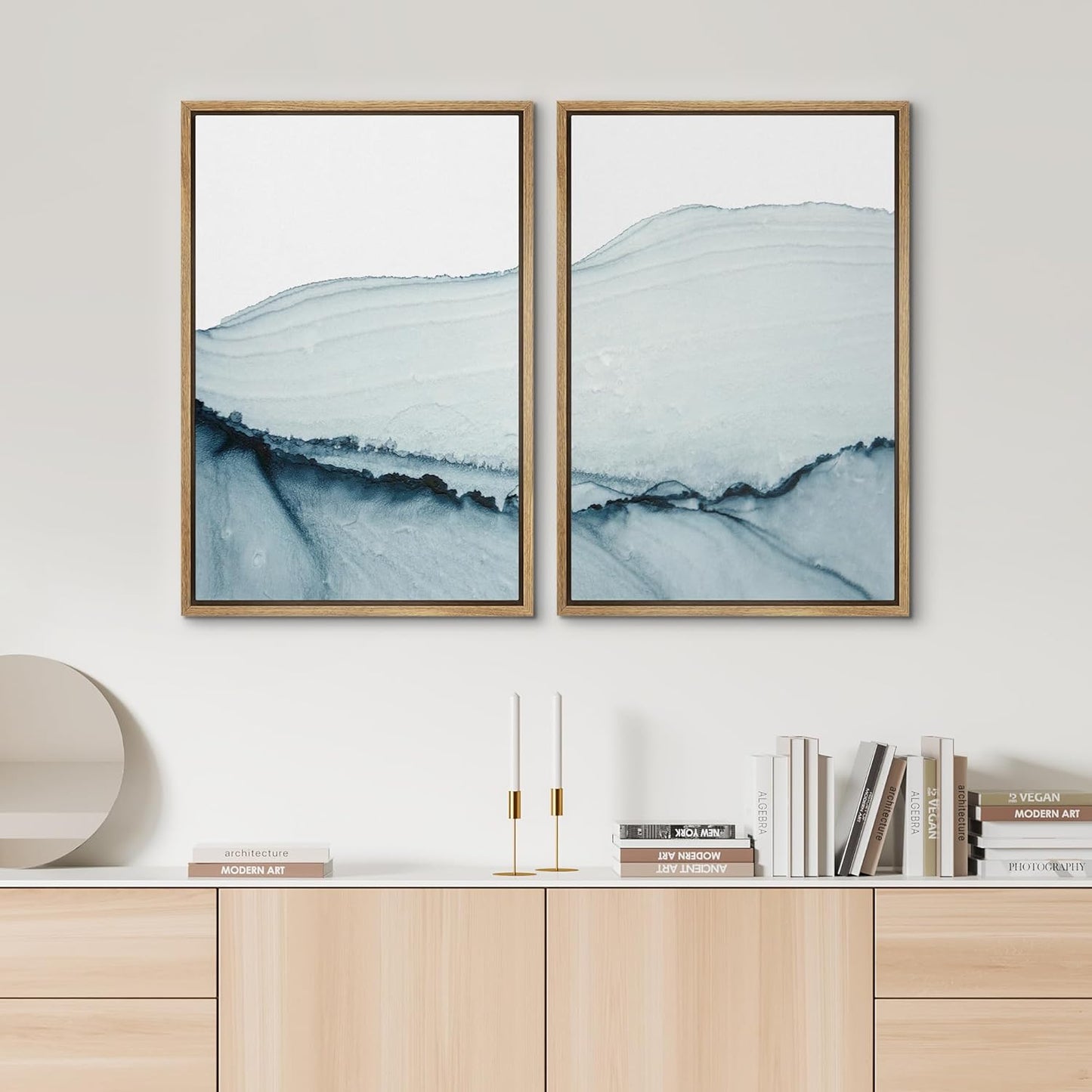SIGNWIN Framed Wall Art Print Set Blue Paint Stroke Wave Collage Abstract Shapes Illustrations Modern Art Rustic Relax/Calm Multicolor for Living Room, Bedroom, Office - 16"x24"x2 Natural