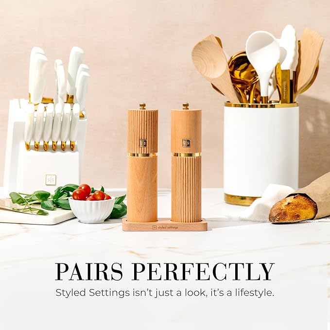 Styled Settings Wooden Salt and Pepper Grinder Set with Gold Accents – Refillable Wooden Manual Salt and Pepper Mill Set with Adjustable Ceramic Mills & Matching Wood Stand - Ideal for Gifting