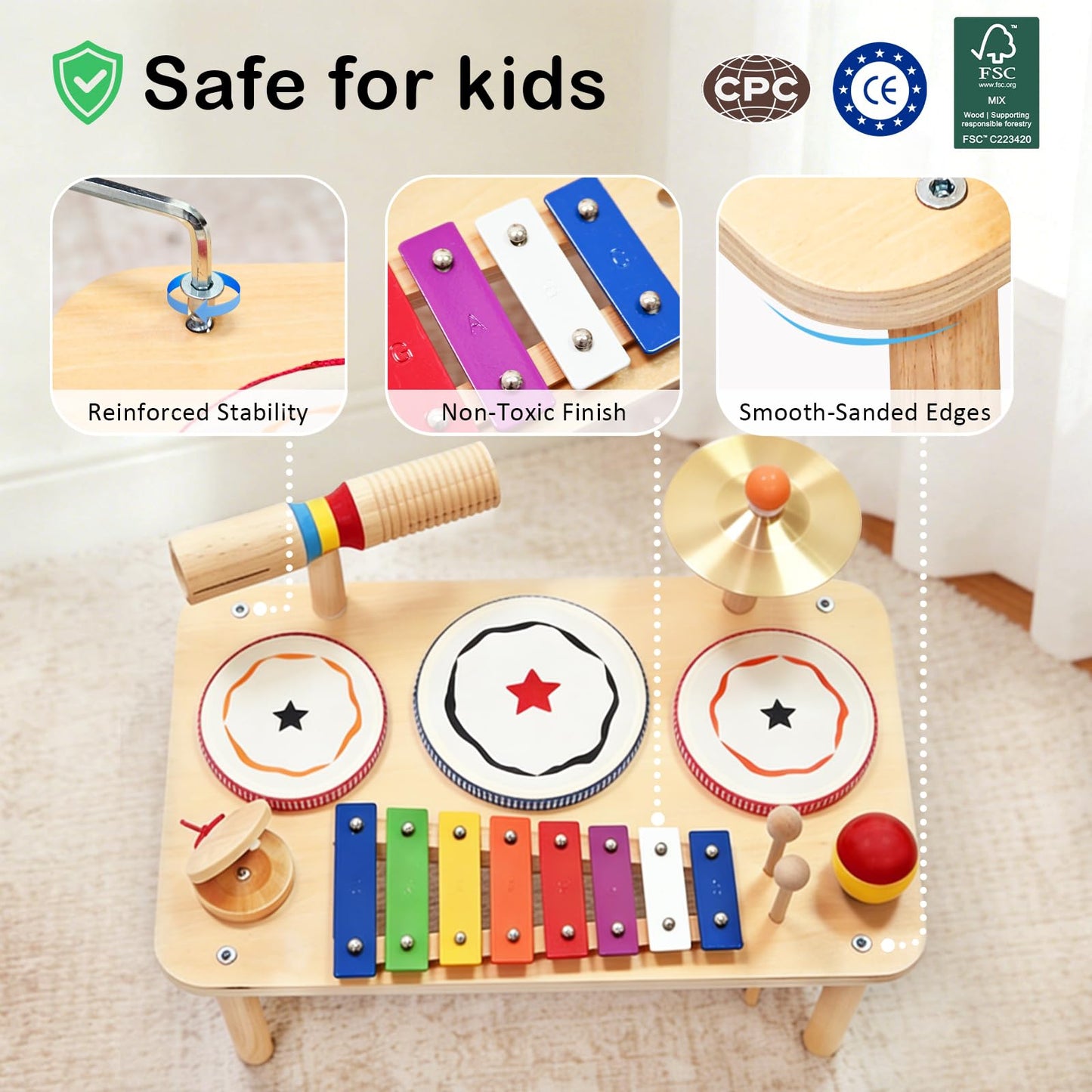 WINYGZ 9-in-1 Baby Drum Set, Low Noise Montessori Musical Instruments for Toddlers 1-3, Safe & Durable Wooden Music Toys for Quiet Sensory Play at Home, Great Birthday for Boys Girls