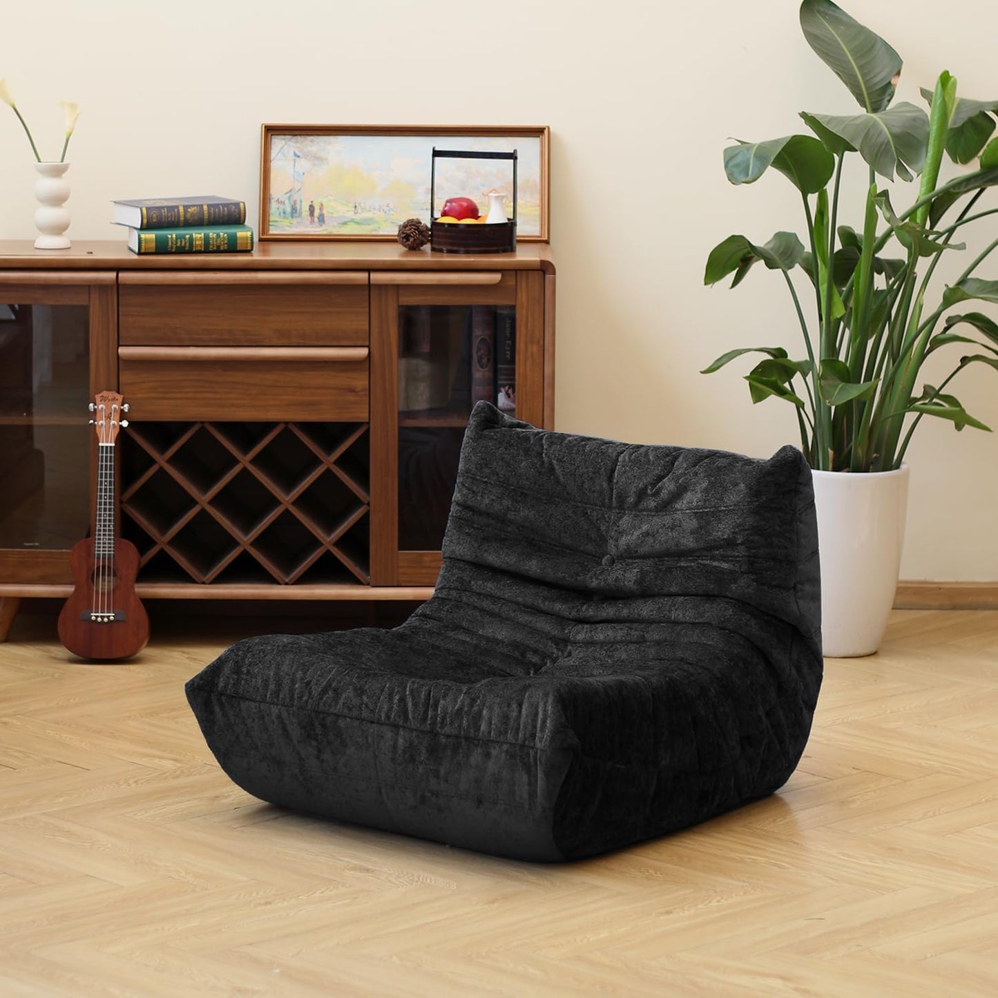 N&V Fireside Chair, Mid Century Armless Floor Sofa, Soft Premium Chenille Floor Lounge Chair, Foam Sofa Accent Chair for Living Room Bedroom and Office (Black, Single)