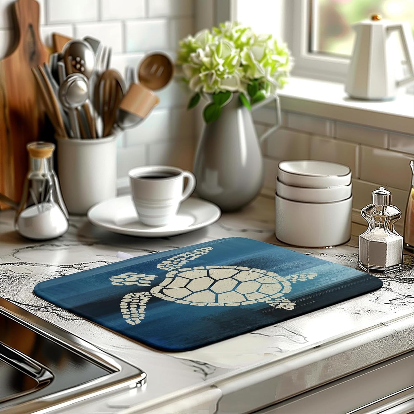 Sea Turtle Dish Drying Mat Summer Ocean Animal Dish Drainer Rack Mat 16 X 18 Inch Dark Blue Microfiber Absorbent Drying Mat for Kitchen Counter