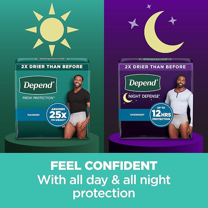 Depend Night Defense Adult Diapers, Incontinence Underwear for Men, Disposable, Overnight, Large, Grey, 72 Count, Packaging May Vary