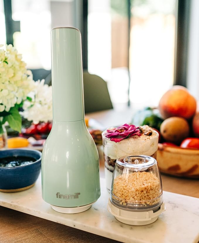 FinaMill Classic Battery Spice Mill – Battery Operated Salt and Pepper Grinder Set, Includes 2 Interchangeable Spice Pods, Adjustable Coarseness, Ceramic Grinder, LED Light, Kitchen Gifts for Women