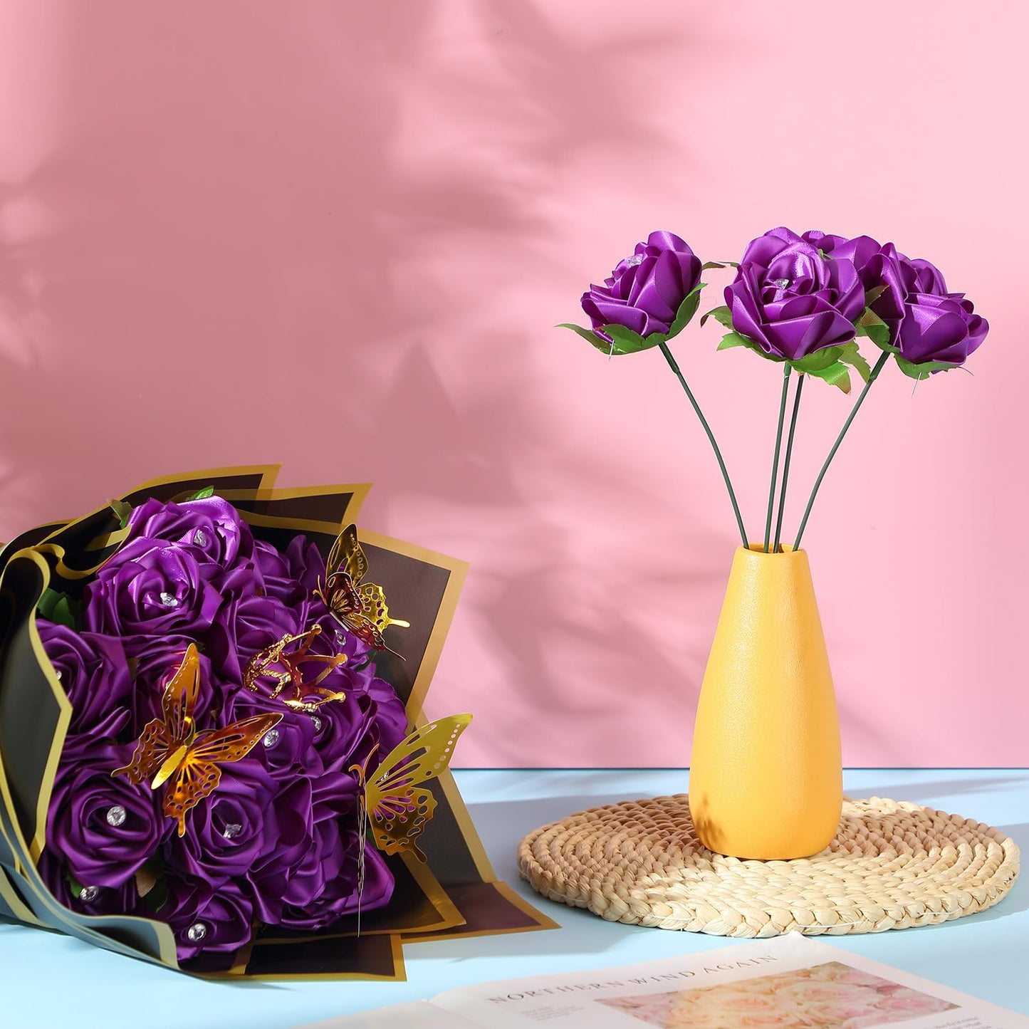 Riceshoot 25 Sets Ribbon Rose Bouquet DIY Fake Roses with Stems Faux Flowers Bouquet Kit Wrapping Paper Crown 3D Butterflies for Graduation Anniversary Birthday Wedding Gift(Purple)