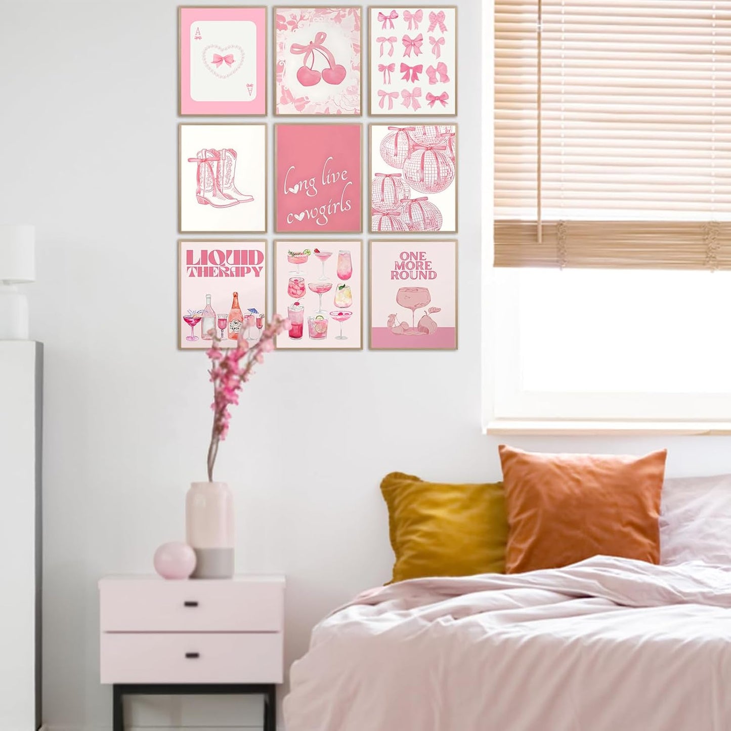 9Pcs Trendy Pink Bows Wall Art Prints Retro Bar Cart Champagne Cocktail Disco Ball Posters Long Live Cowgirls Preppy Coquette Room Decor Aesthetic Pictures for Girly Dorm Apartment Bedroom 8x10in