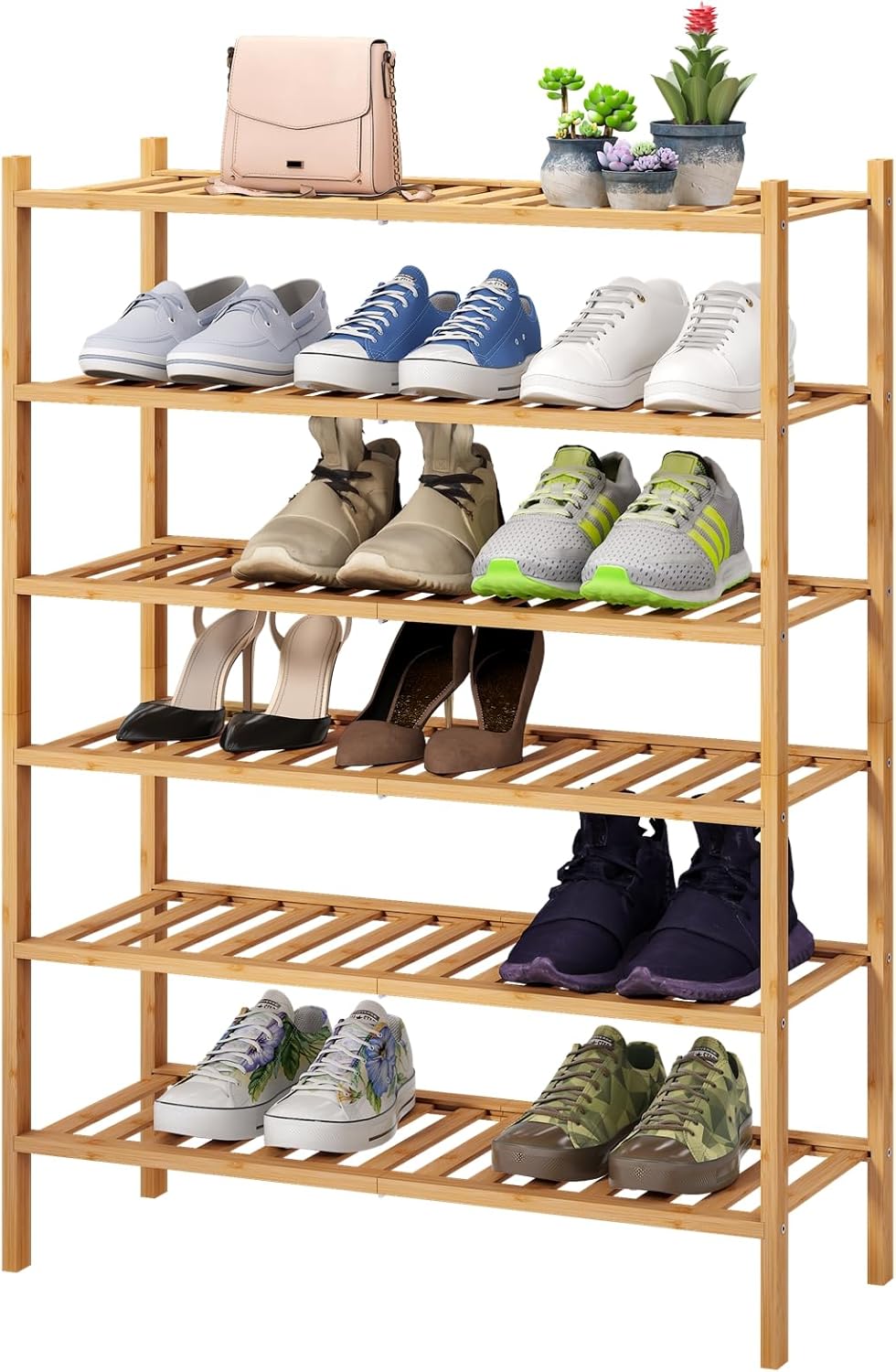 6-Tier Bamboo Shoe Rack for Entryway, Stackable | Foldable | Natural, Shoe Organizer for Hallway Closet, Free Standing Shoe Racks for Indoor Outdoor