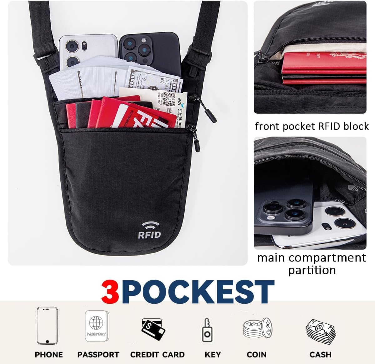 Crossbody Money Belt for Travel Women & Men Hidden, Travel Wallet Pouch - Slim Passport Holde, RFID Blocking Neck Wallet Under Clothes to Protect Cash, Credit Cards and Documents (KHAKI)
