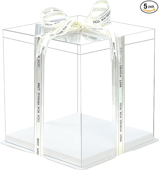 5 Pcs, 12'x12'x11' inch Food Grade Clear Plastic Display Boxes, 29.4 x 29.4 x 25 cm with Ribbon, for Cakes, Bakeries, Desserts, Birthday, Christmas and Thanksgiving