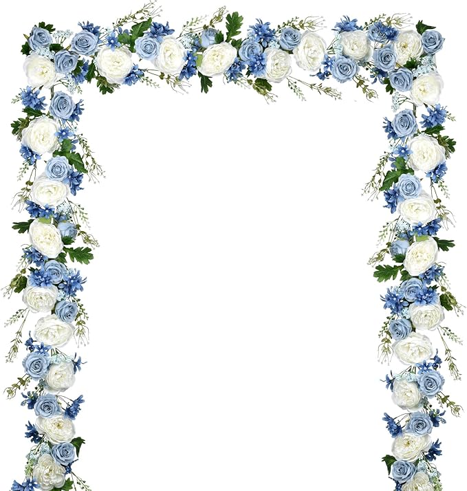 DearHouse 2Pcs Artificial Peony Flower Garland - Silk Peony Garland with Purple White Flowers for Wedding Party Table Decoration,6ft/Strand(White& Blue&Dark Blue)