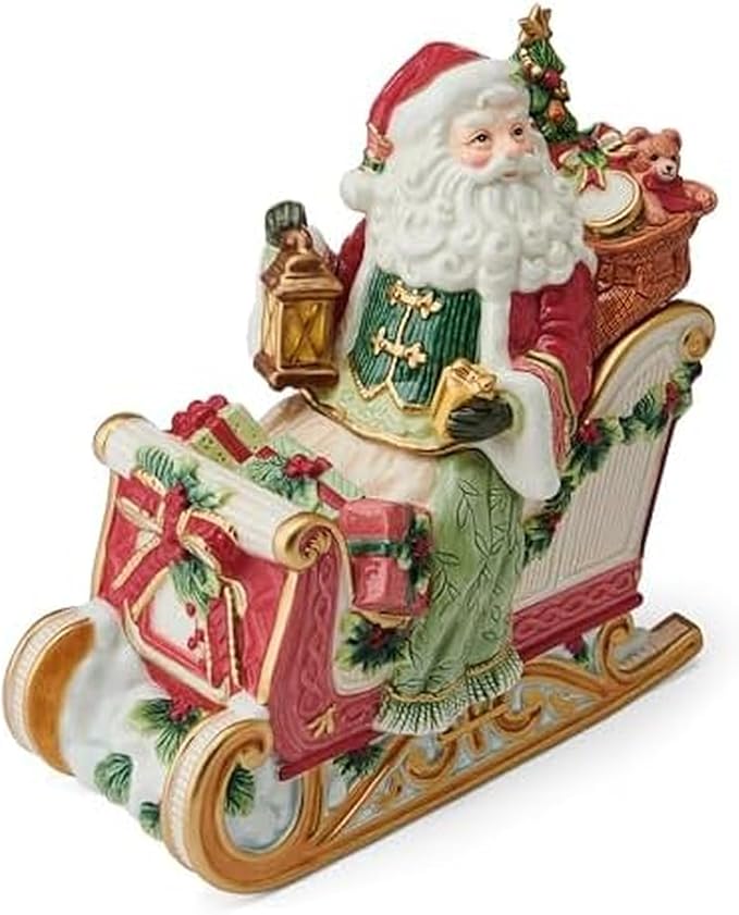 Fitz and Floyd Santa Crimson Holiday Ceramic Cookie Jar, Christmas Treat Kitchen Countertop Storage Jar with Removable Lid, 10 Inch