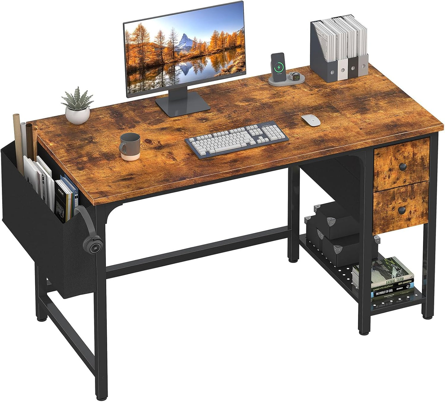 Lufeiya Computer Desk with Fabric Drawers, 47 Inch Desk for Small Space Home Office, Modern Simple Study Writing Table PC Desks for Bedroom, Rustic Brown