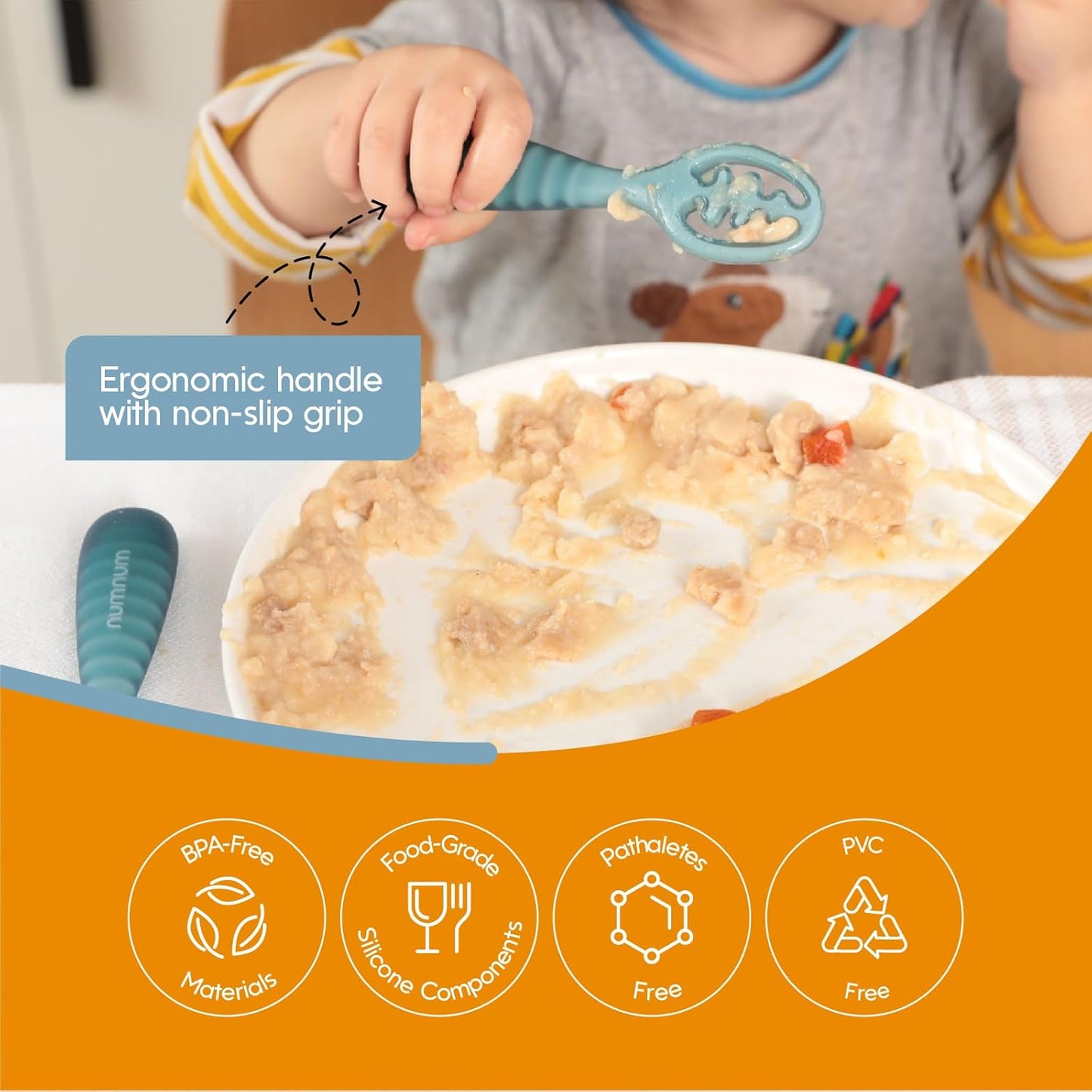 NumNum Baby Spoons Set, Baby Essentials Pre-Spoon GOOtensils for 12+ Months, First Stage Self-Feeding Spoons for Baby Led Weaning (BLW), Silicone Toddler Utensils, BPA-Free, 2 Pack Green