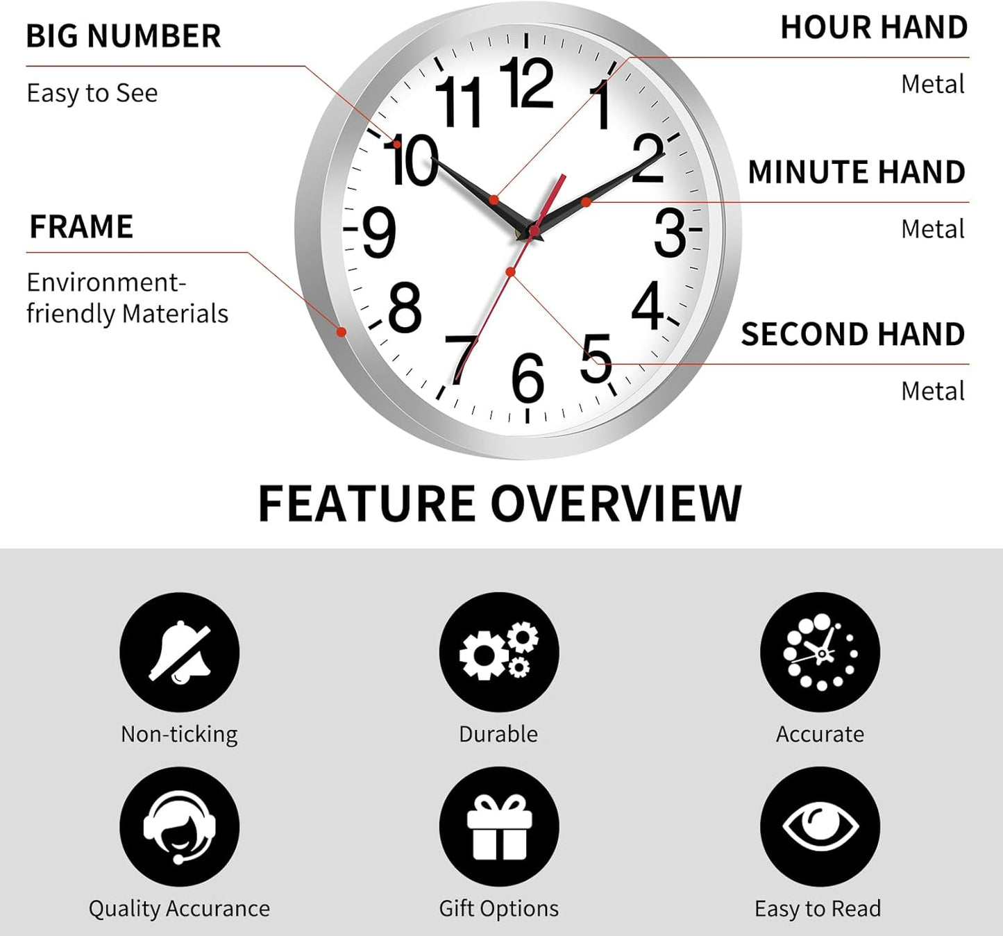 Wall Clock Modern 8 Inch Battery Operated Silent Non Ticking Small Analog Clock Decorative for Living Room Office Home Bedroom Kitchen Bathroom(Silver)