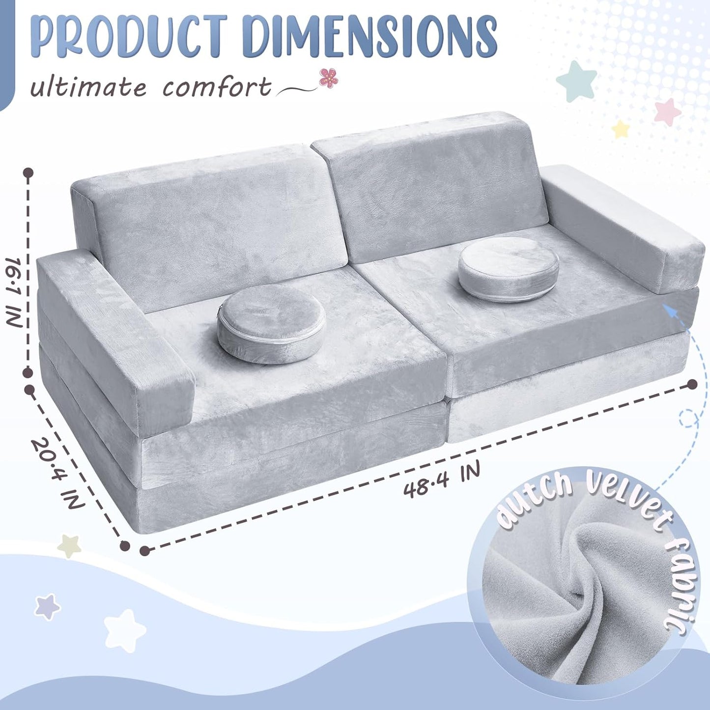 10Pcs Kids Play Couch,Toddler Sofa,Modular Kids Couch for Playing, Creativing, Sleeping (Grey)