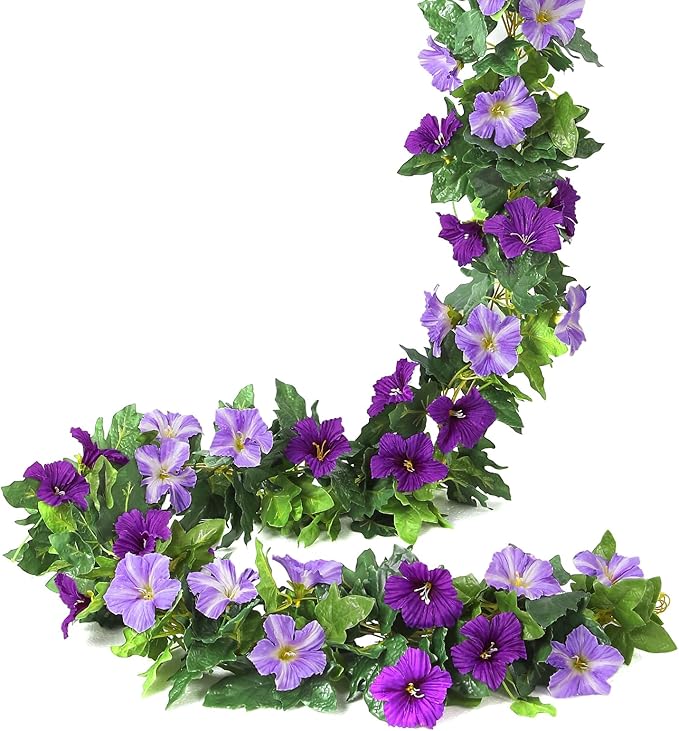 Floweroyal 4 Pack Artificial Flower Garlands 15.8FT Fake Morning Glory Vines Silk Flowers Hanging Garland Ivy for Wedding Arch Party Home Garden Wall Decor (Purple)