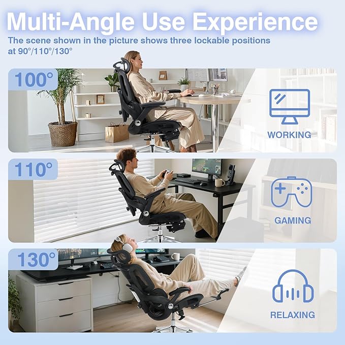Ergonomic Office Chair with Footrest, High Back Desk Chair Computer Gaming Chairs with 4D Armrests, Adjustable 3-Zone Dynamic Lumbar Support, Ergonomic Mesh Chairs with Wheels, Black